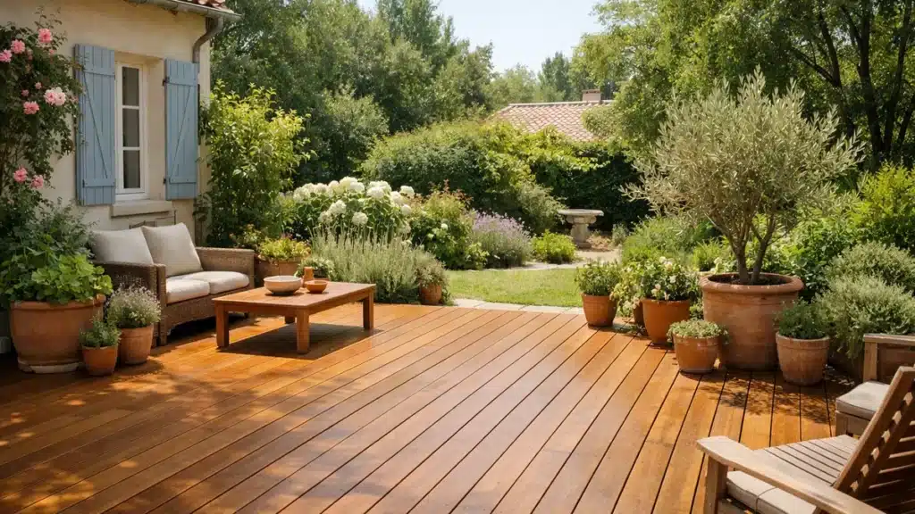 Terrasse en bois propre et entretenue baignée de lumière dans un jardin