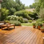 Terrasse en bois propre et entretenue baignée de lumière dans un jardin