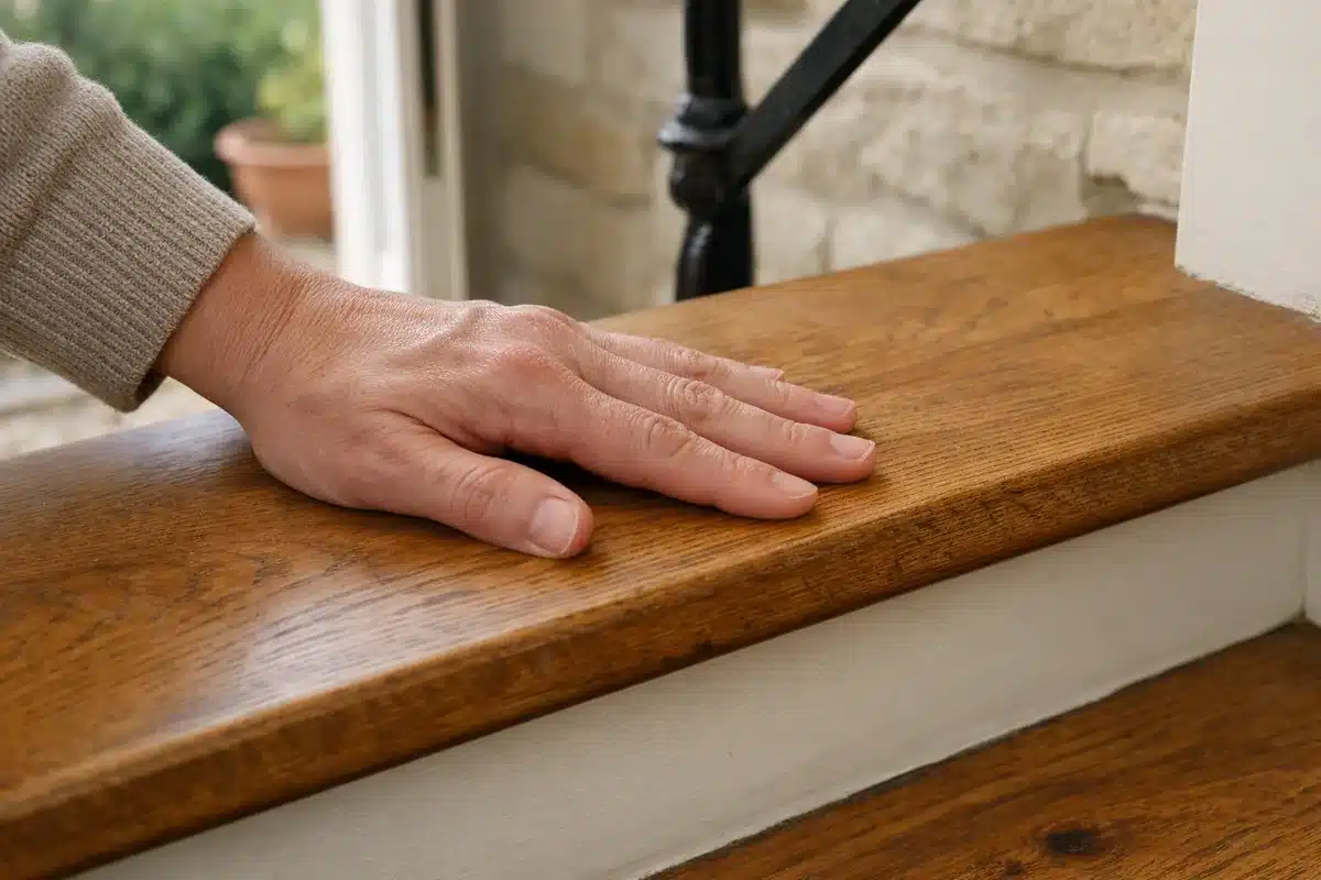Personne testant une marche d'escalier en bois pour localiser le grincement