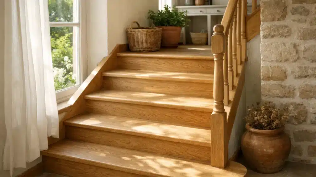 Escalier en bois clair dans une maison, marches susceptibles de grincer