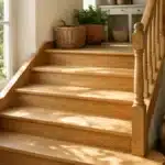 Escalier en bois clair dans une maison, marches susceptibles de grincer