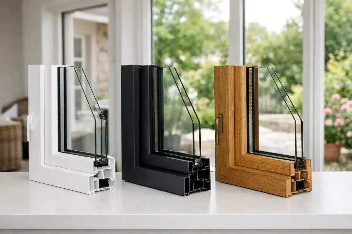 Comparaison de fenêtres en PVC, aluminium et bois en showroom