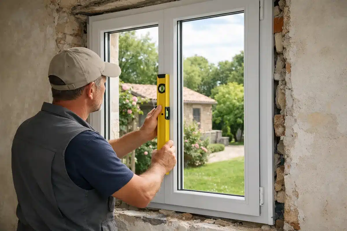 Pose d'une fenêtre double vitrage par un artisan