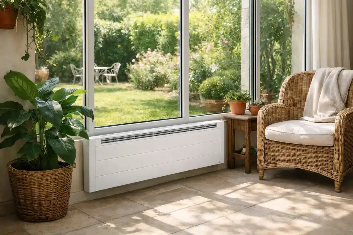 Radiateur électrique installé le long de la baie vitrée d'une véranda