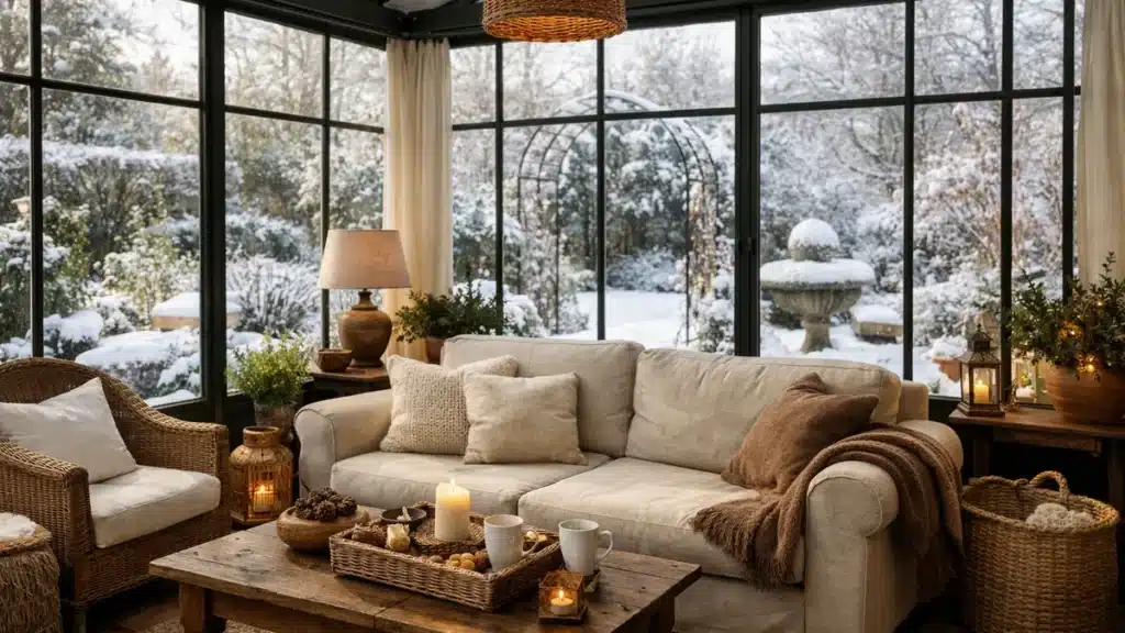 Véranda chauffée et lumineuse en hiver avec vue sur un jardin enneigé