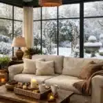 Véranda chauffée et lumineuse en hiver avec vue sur un jardin enneigé
