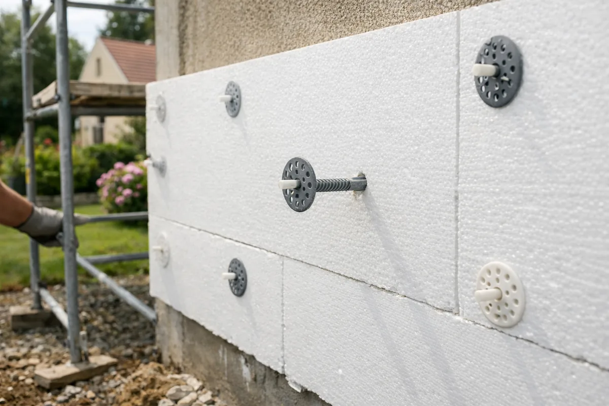 Pose de panneaux isolants sur un mur extérieur avant le crépi