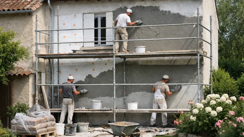 Façade de maison en cours d'isolation extérieure avec crépi et échafaudage