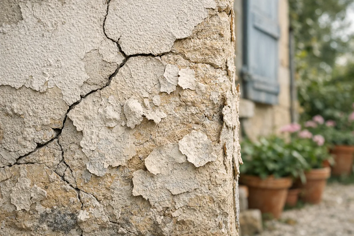 Fissures et enduit cloqué sur une façade à rénover
