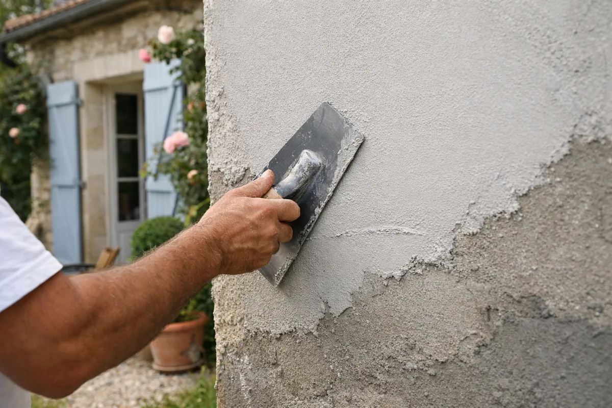 Application d'un enduit neuf sur la façade d'une maison