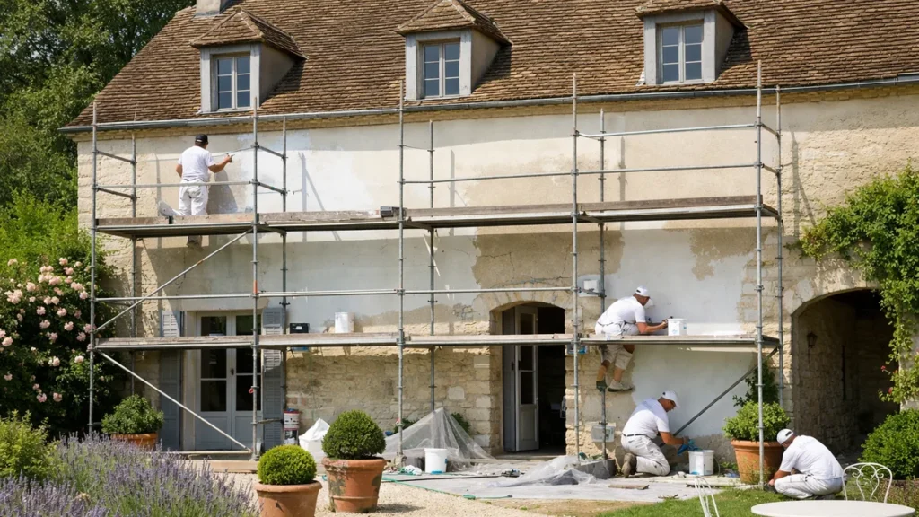 Façade de maison en cours de ravalement avec échafaudage