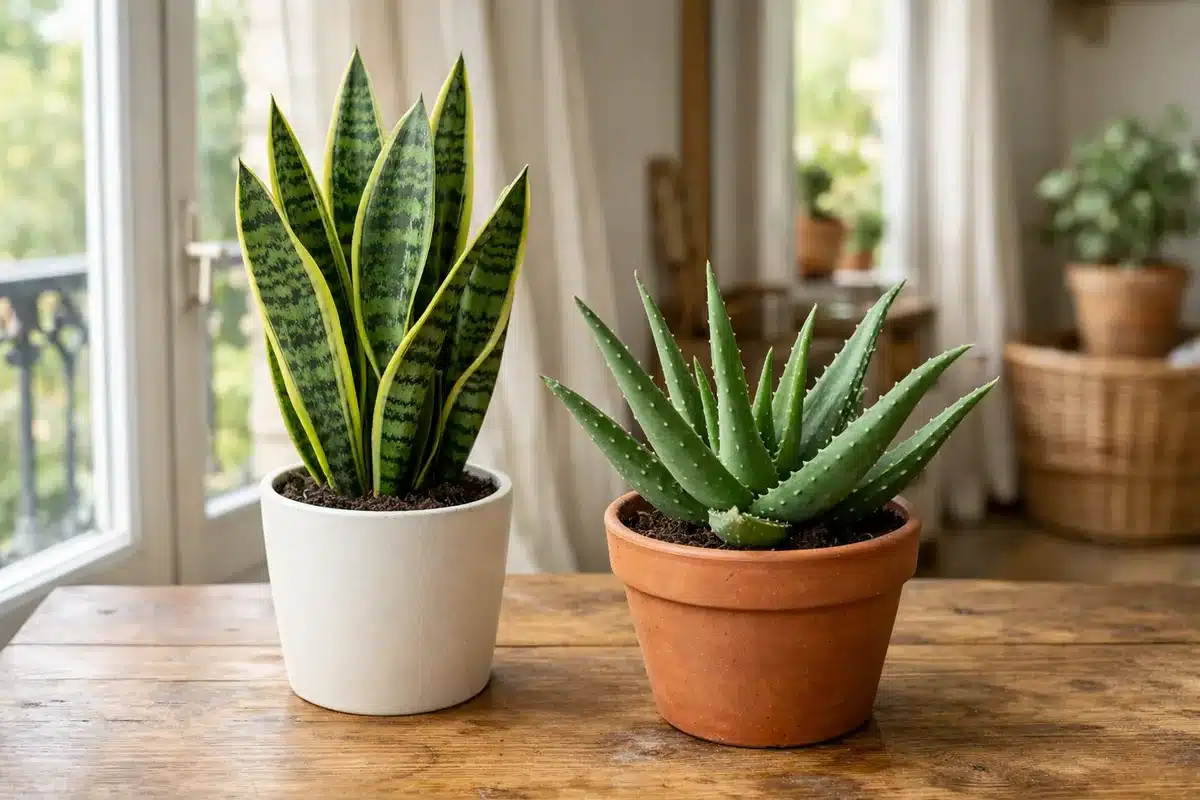 Sansevieria et aloe vera en pot, des plantes adaptées à une chambre
