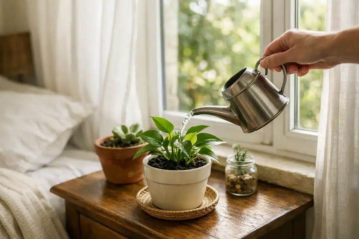 Arrosage d'une plante d'intérieur posée près de la fenêtre d'une chambre