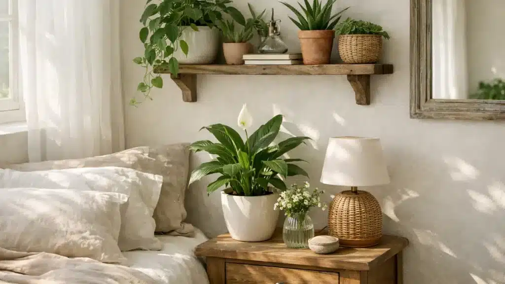 Plantes vertes posées sur une table de nuit dans une chambre lumineuse et apaisante