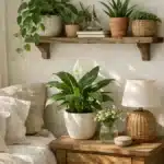 Plantes vertes posées sur une table de nuit dans une chambre lumineuse et apaisante