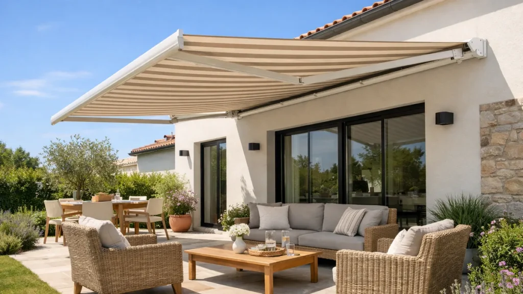 Store de terrasse banne déployé au-dessus d'une terrasse ensoleillée