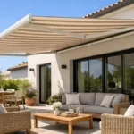 Store de terrasse banne déployé au-dessus d'une terrasse ensoleillée