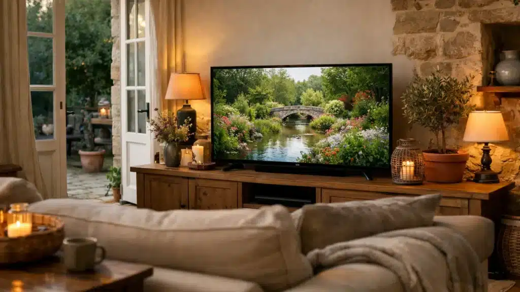 Télévision allumée dans un salon moderne, mesure de la consommation électrique