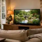 Télévision allumée dans un salon moderne, mesure de la consommation électrique