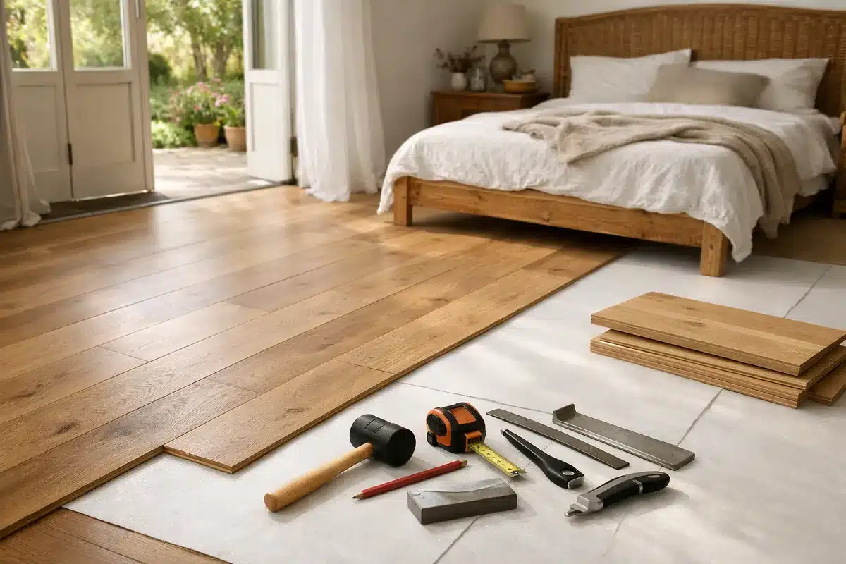 Pose de lames de parquet contrecollé dans une chambre