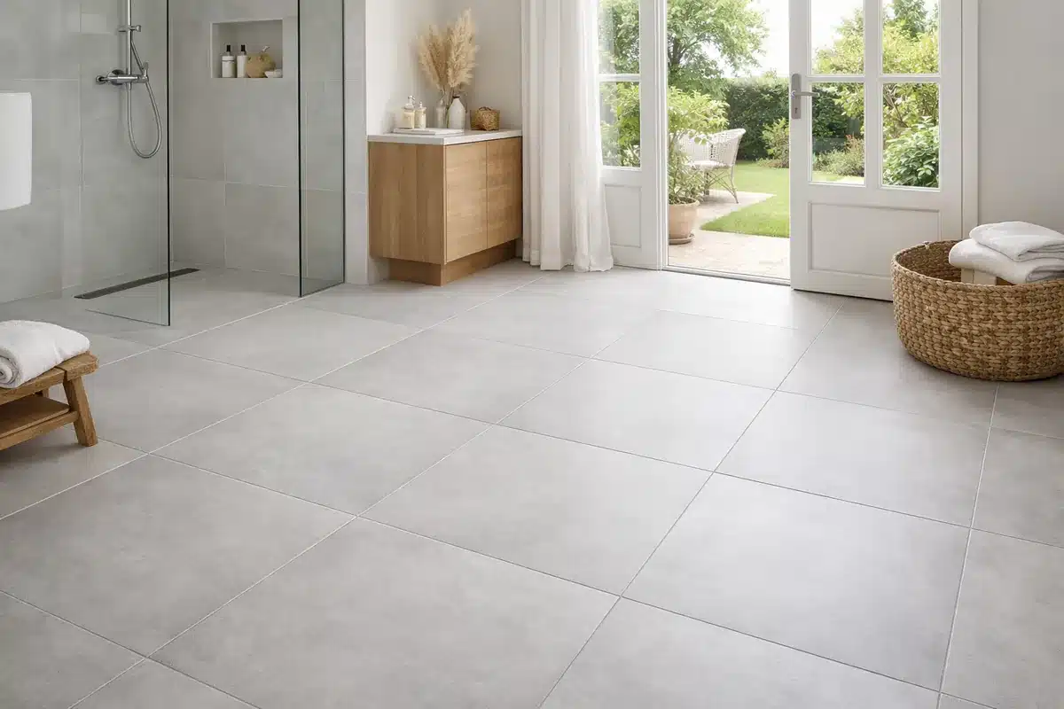 Carrelage grand format posé au sol d'une salle de bain