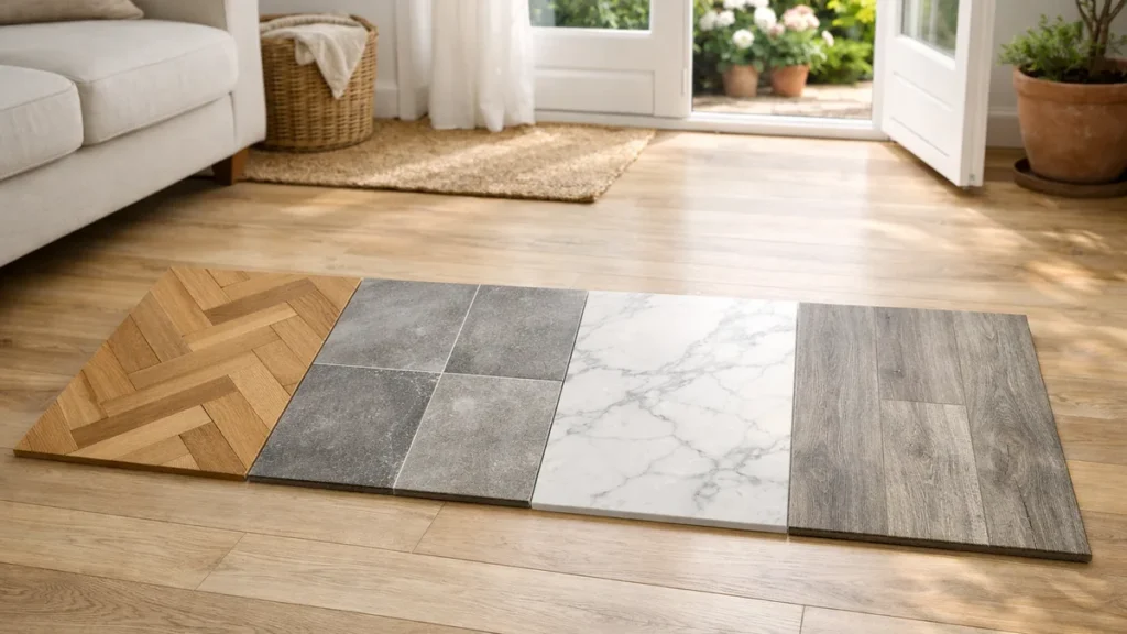 Comparaison de plusieurs échantillons de revêtements de sol dans un salon lumineux