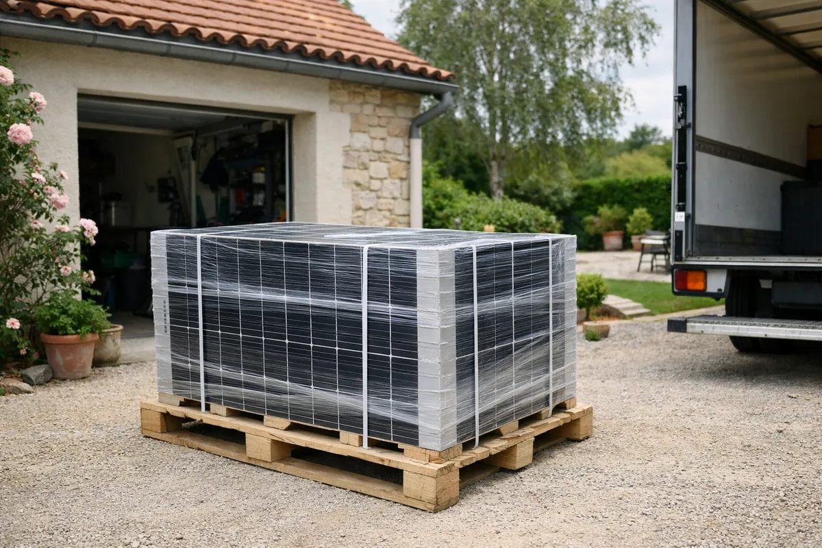 Panneaux solaires livrés sur palette après une commande en ligne