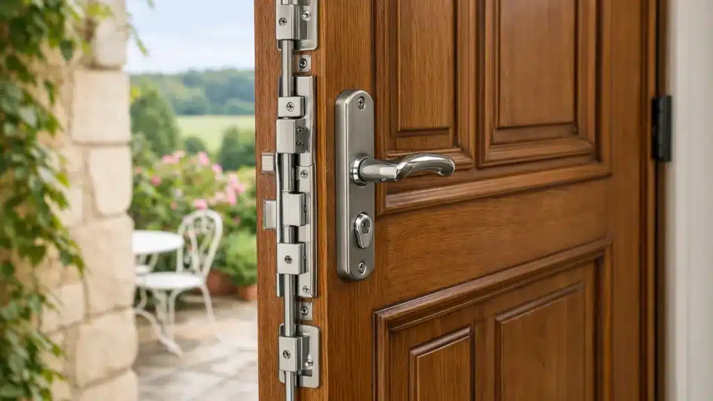 Serrure multipoint en applique installée sur une porte d'entrée en bois