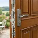 Serrure multipoint en applique installée sur une porte d'entrée en bois