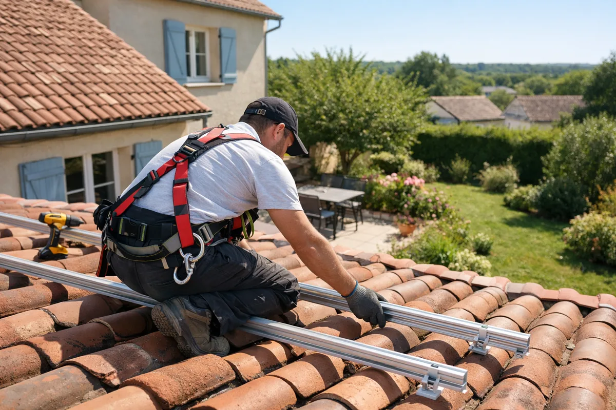 Installateur alignant les rails aluminium avant la pose des panneaux solaires sur une toiture en tuiles