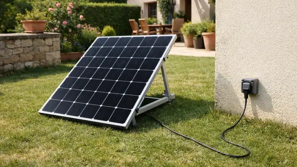 Panneau solaire plug and play posé au sol dans un jardin et relié à une prise extérieure