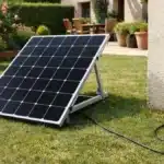 Panneau solaire plug and play posé au sol dans un jardin et relié à une prise extérieure