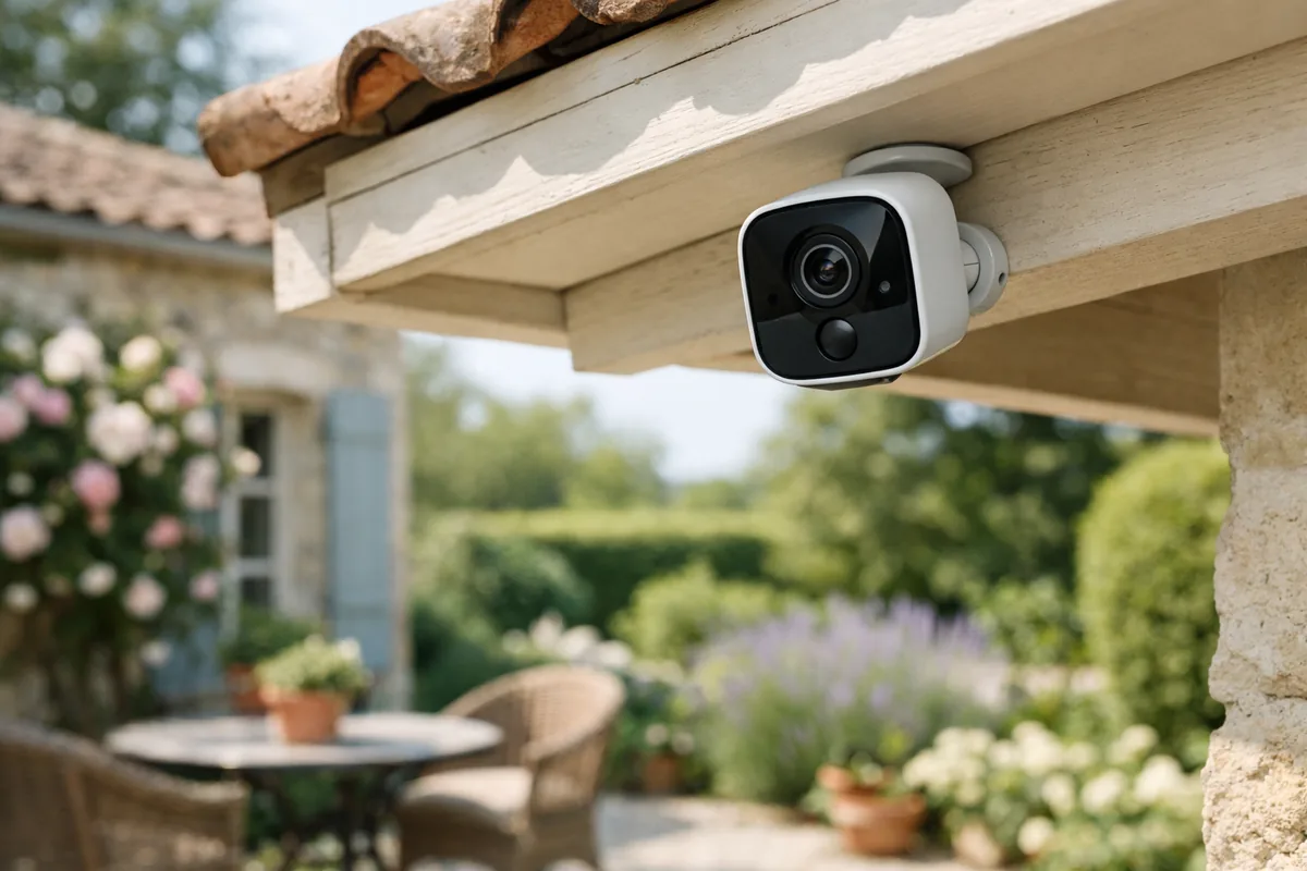 Caméra de vidéosurveillance extérieure fixée sous l'avant-toit d'une maison