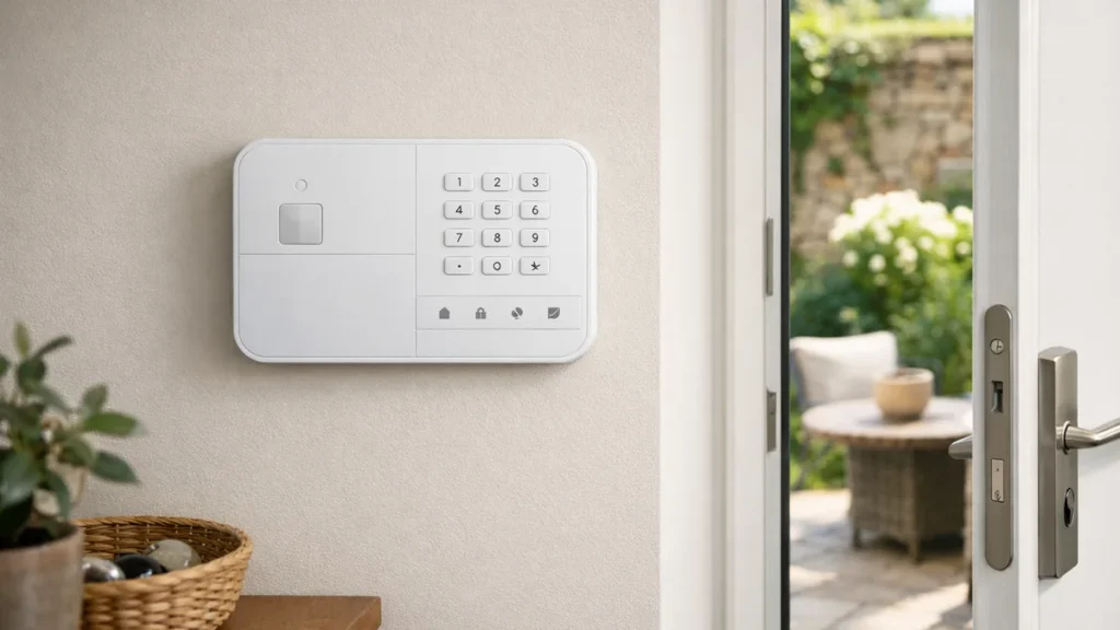 Panneau de commande d'une alarme maison connectée fixé près d'une porte d'entrée