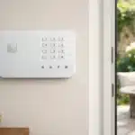 Panneau de commande d'une alarme maison connectée fixé près d'une porte d'entrée