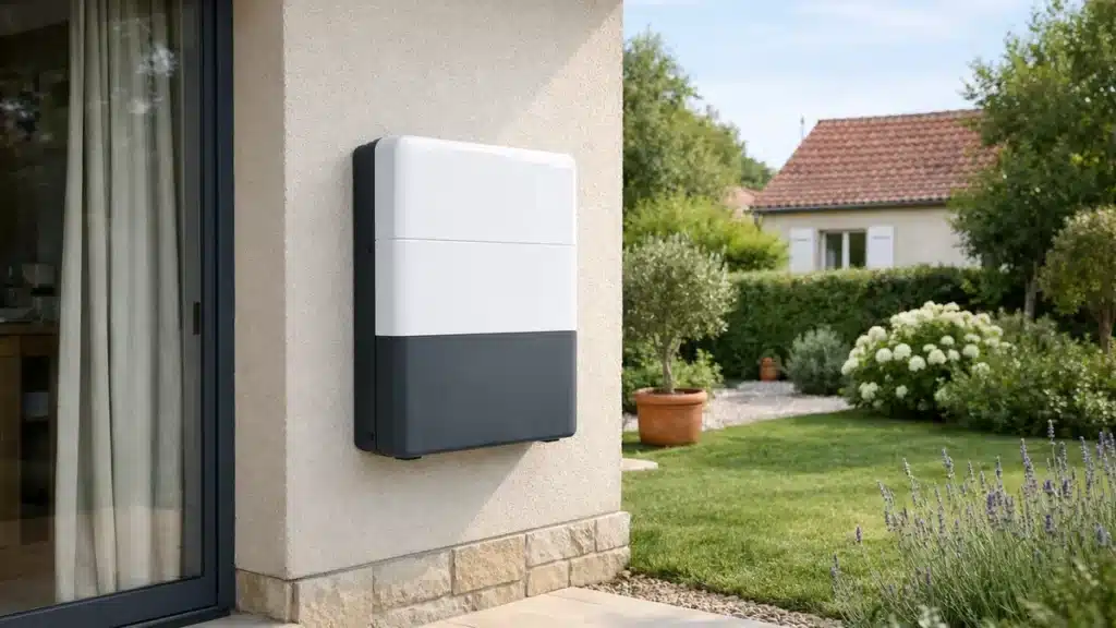 Batterie solaire Zendure SolarFlow installée contre le mur extérieur d'une maison