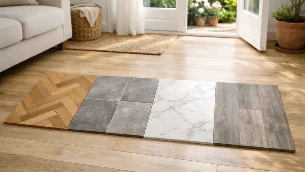 Comparaison de plusieurs échantillons de revêtements de sol dans un salon lumineux