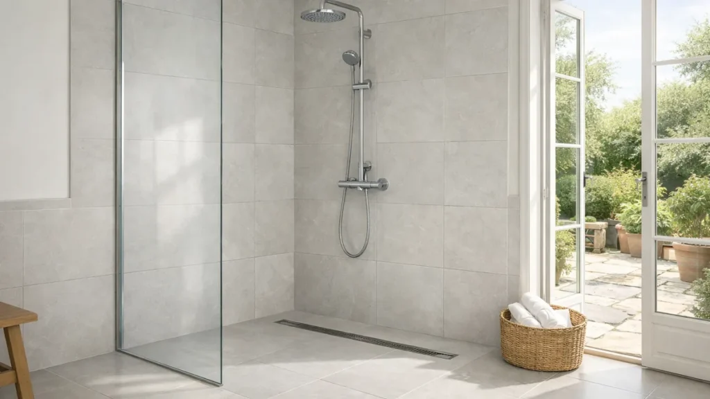 Douche à l'italienne de plain-pied avec paroi en verre et carrelage clair